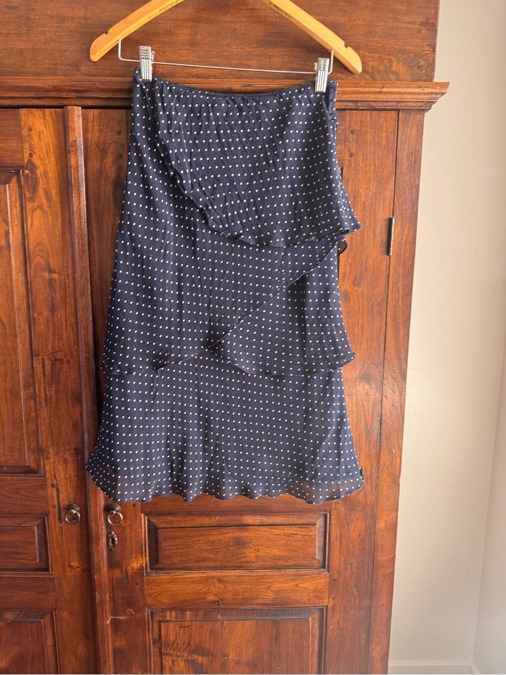 Hobbs silk navy blue polka dot tiered ruffle skirt